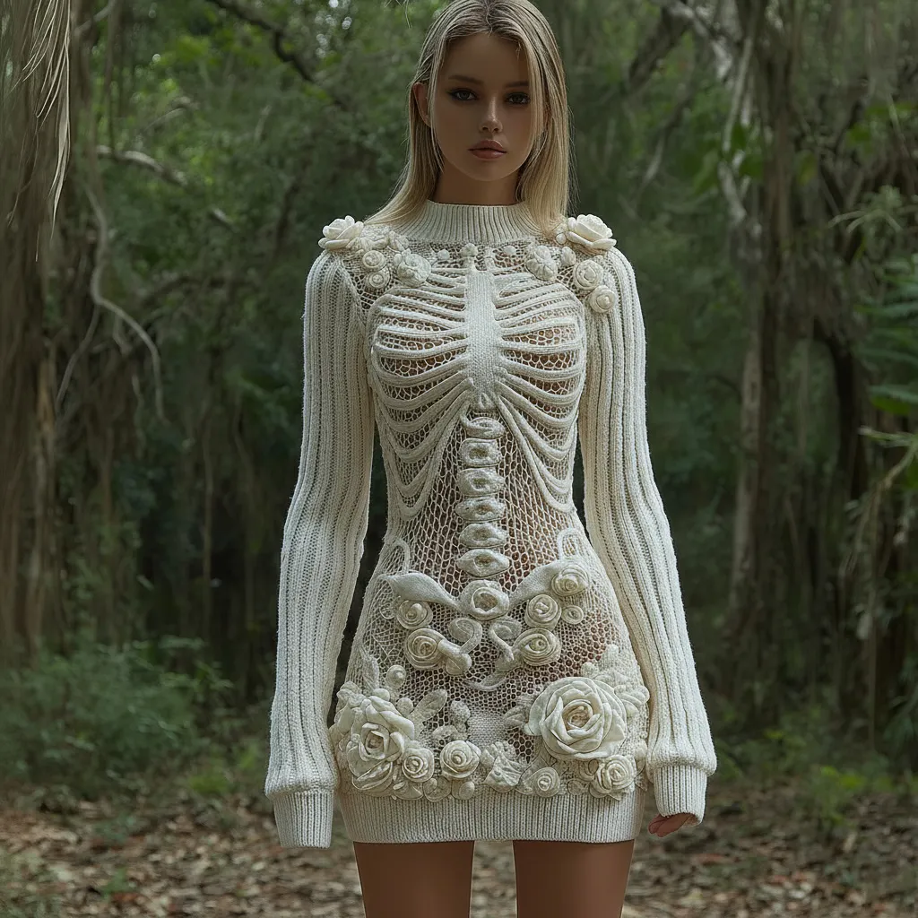 Women's Vintage Skull Rose Art Comfortable Elegant Sweater Dress