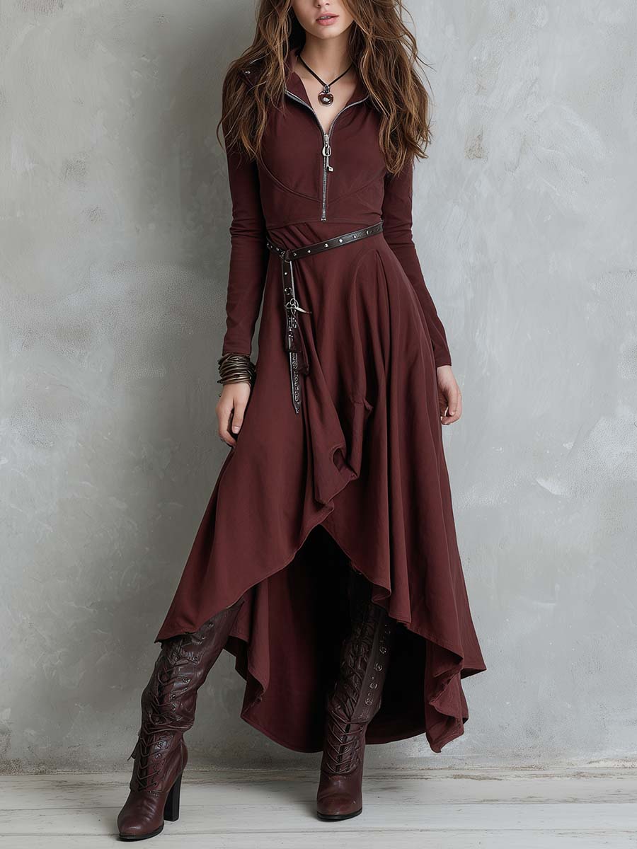 Asymmetric Zip-Front Maxi Dress