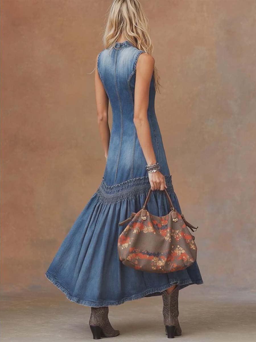 Elegant, Vintage Western Tie-neck Sleeveless Bubble Hem Blue Denim Maxi Dress