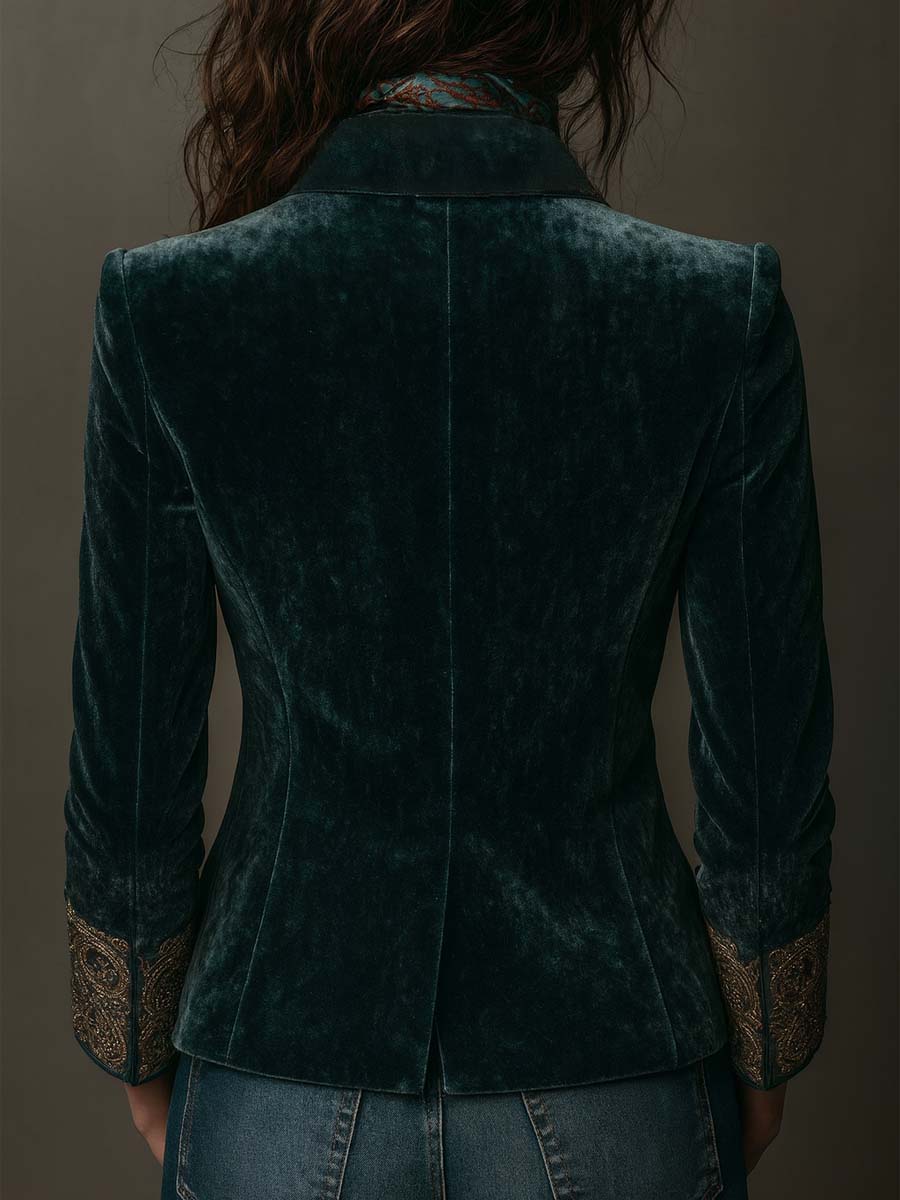 Velvet Blazer With Intricate Embroidered Lapels