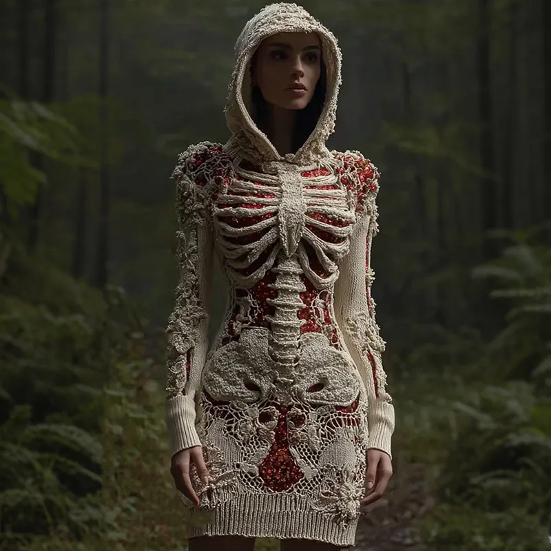 Women's Halloween Sequined Skull Pattern Comfortable Knit Hooded Mini Skirt