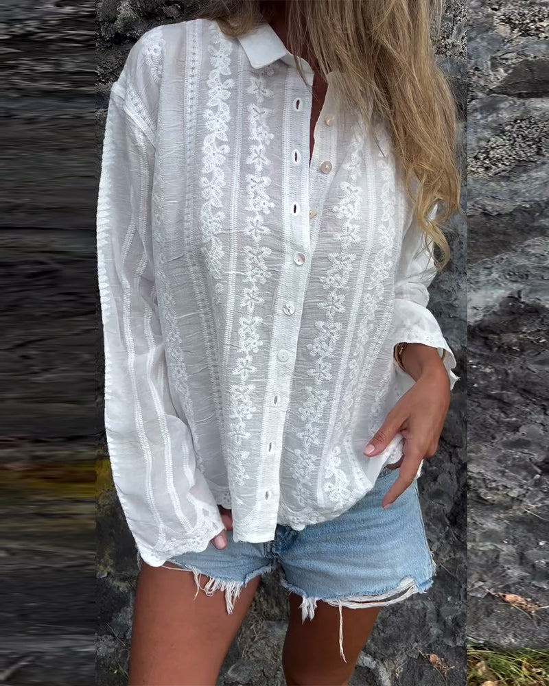 Embroidered Hollow Polo Collar Casual Shirt