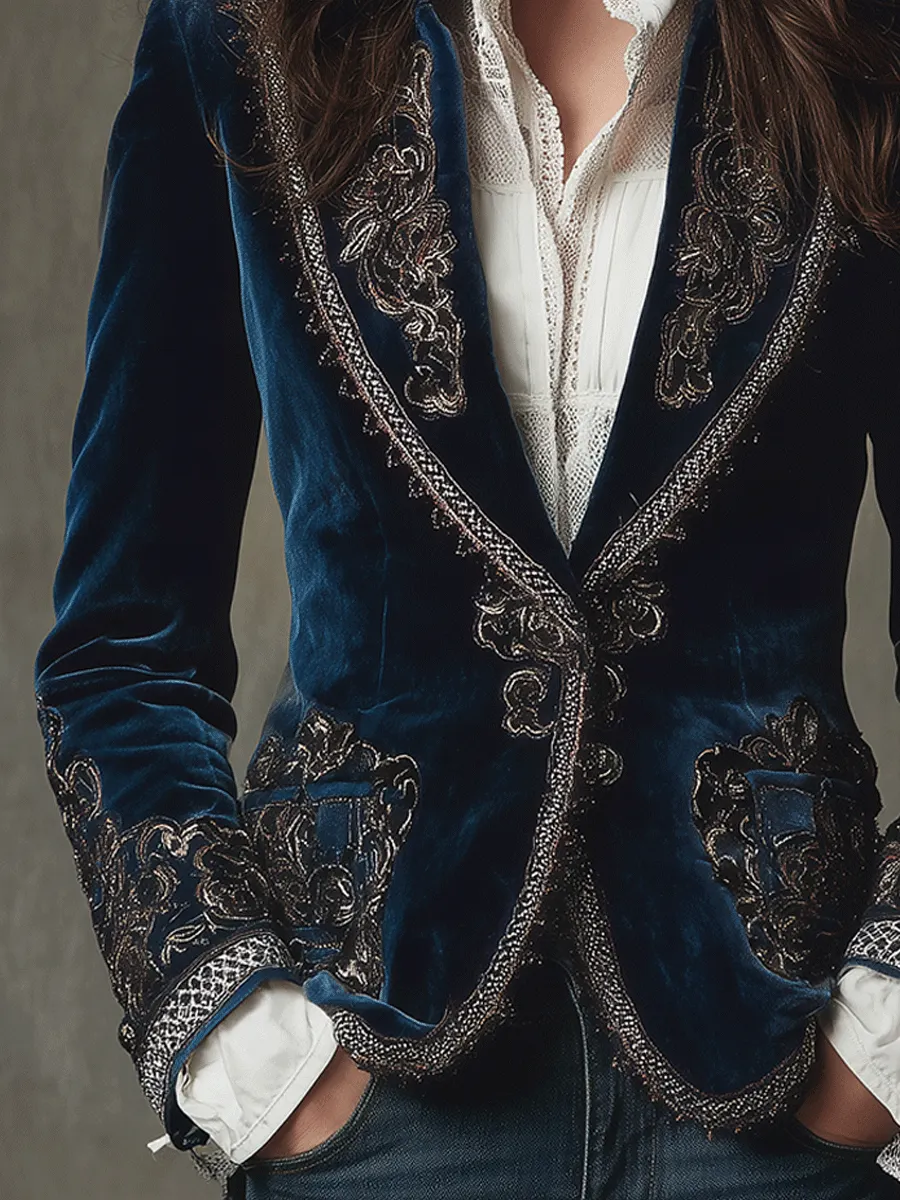 Regal Baroque Embroidered Velvet Tailored Blazer