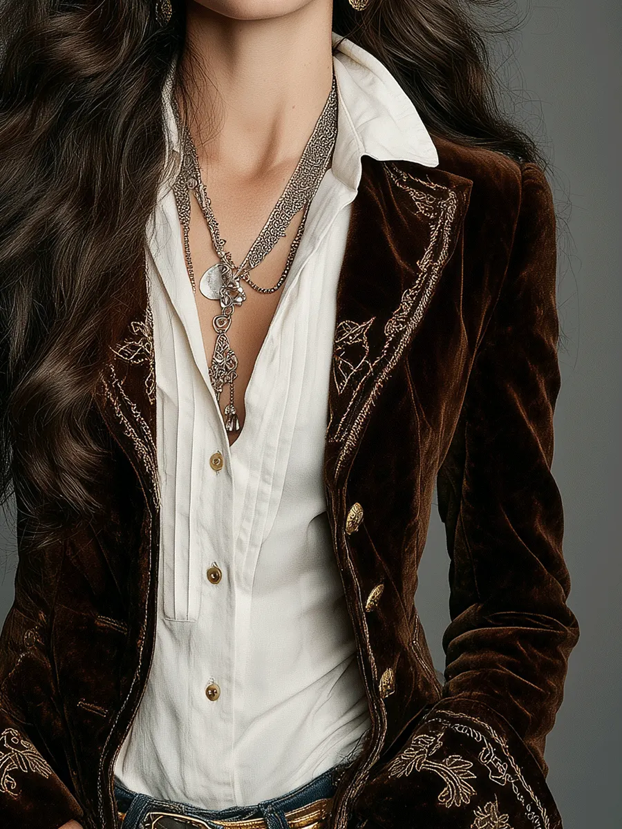 Boho Chocolate Velvet Embroidered Blazer