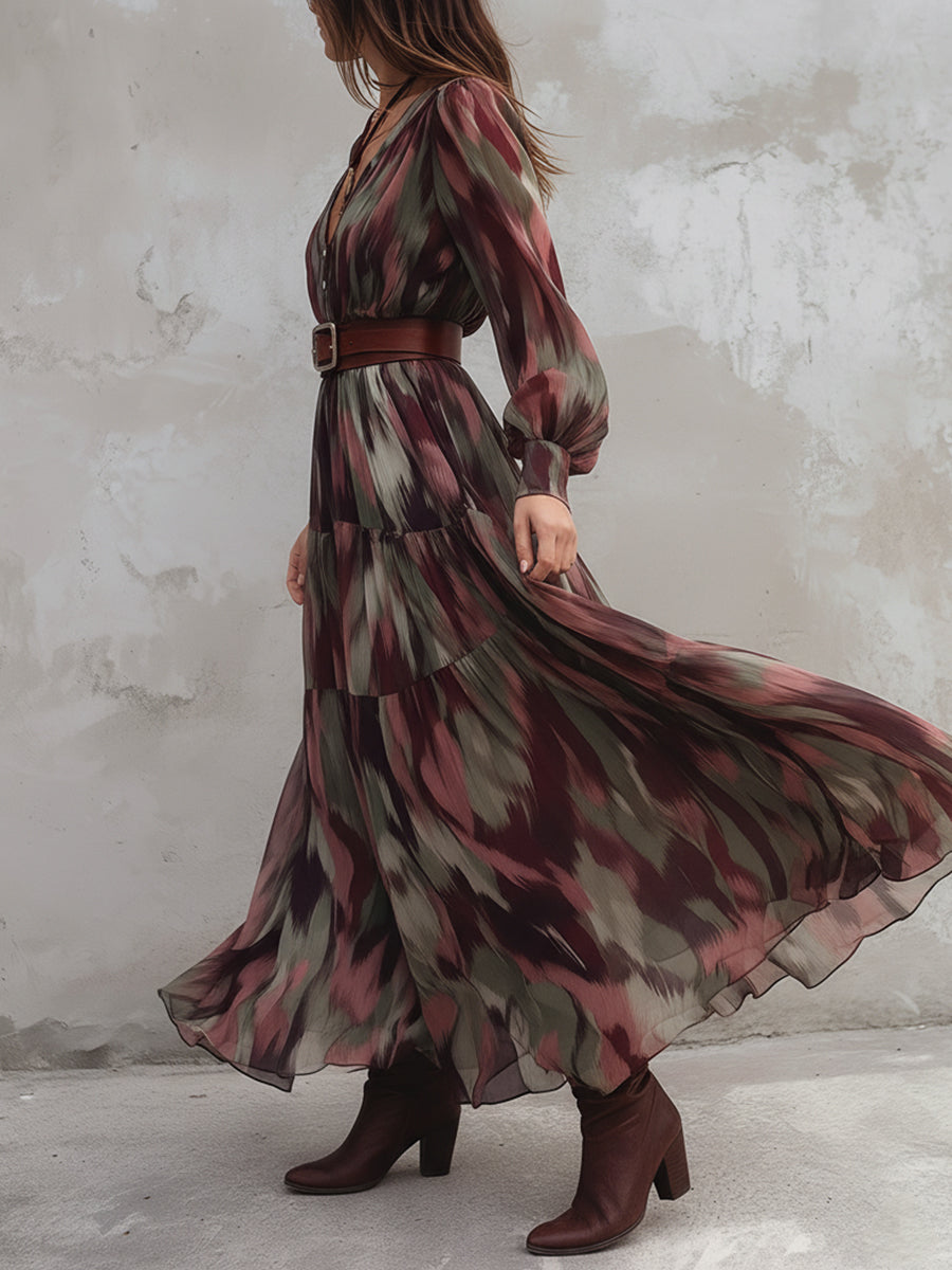 Bohemian Abstract Printed Chiffon Maxi Dress With Belt