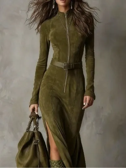 Vintage Green Zipper Belted Maxi Dress