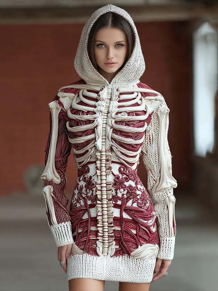 Women's Halloween Skeleton Bones With Floral Art Cozy Knit Hooded Sweater Dress