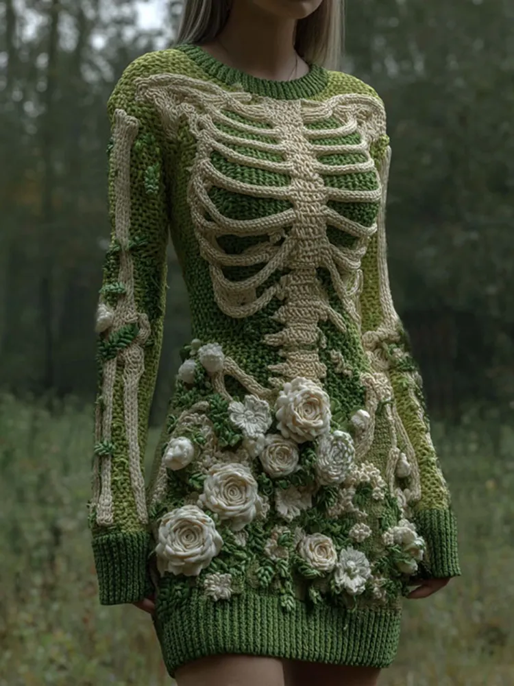 Women's Vintage Skeleton With White Rose Gradient Art Cozy Sweater Dress