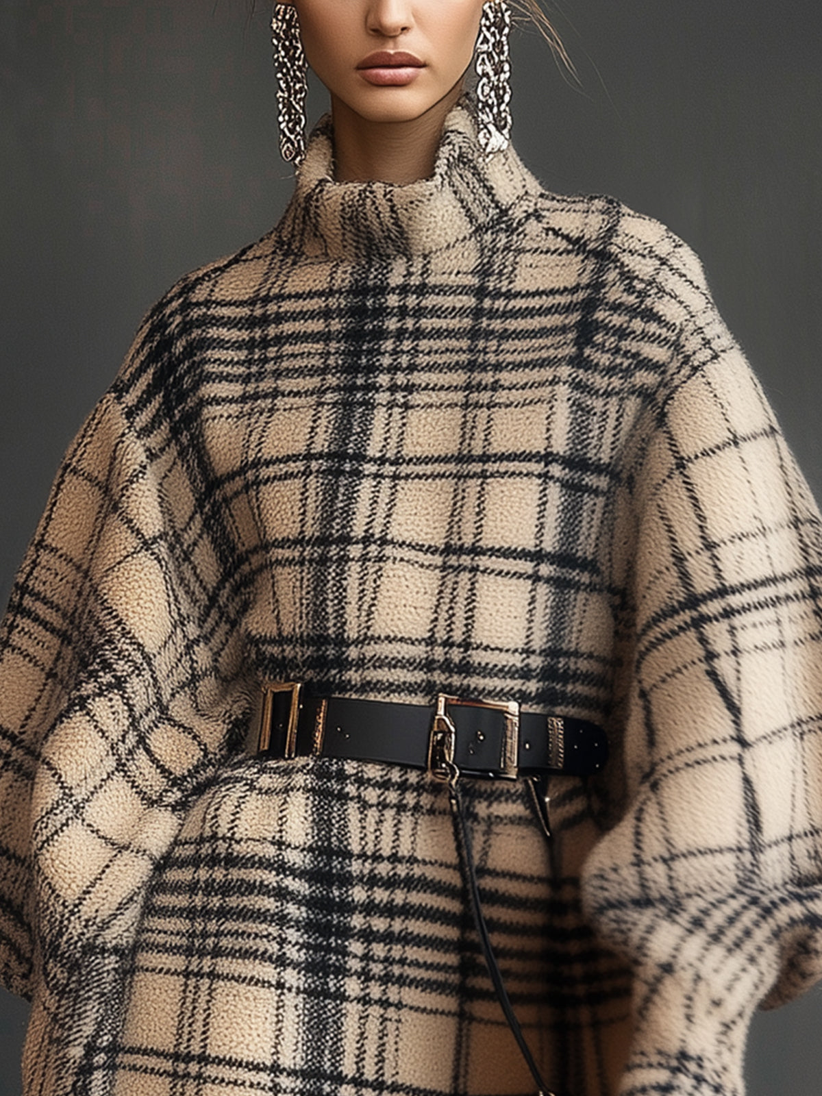 Plaid Blend Oversized Dress With Fringe And Belt