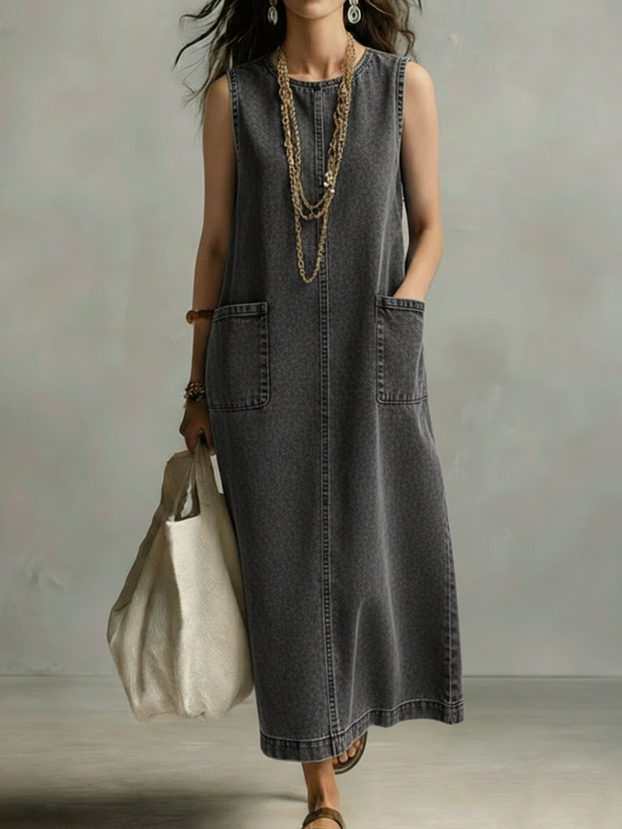 Casual Minimalist Patch Pockets Denim Dress