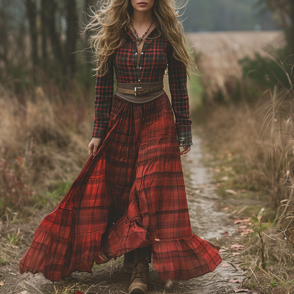 Vintage V-neck Bohemian Pastoral Plaid Style Long-sleeve Maxi Dress