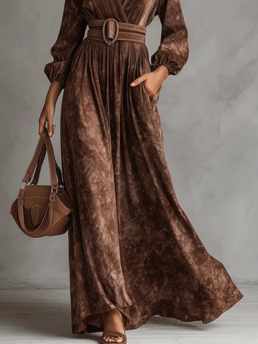 Bohe V-Neck Chocolate Color Belted Print Maxi Dress