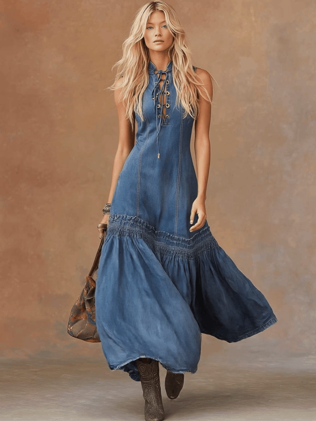 Elegant, Vintage Western Tie-neck Sleeveless Bubble Hem Blue Denim Maxi Dress