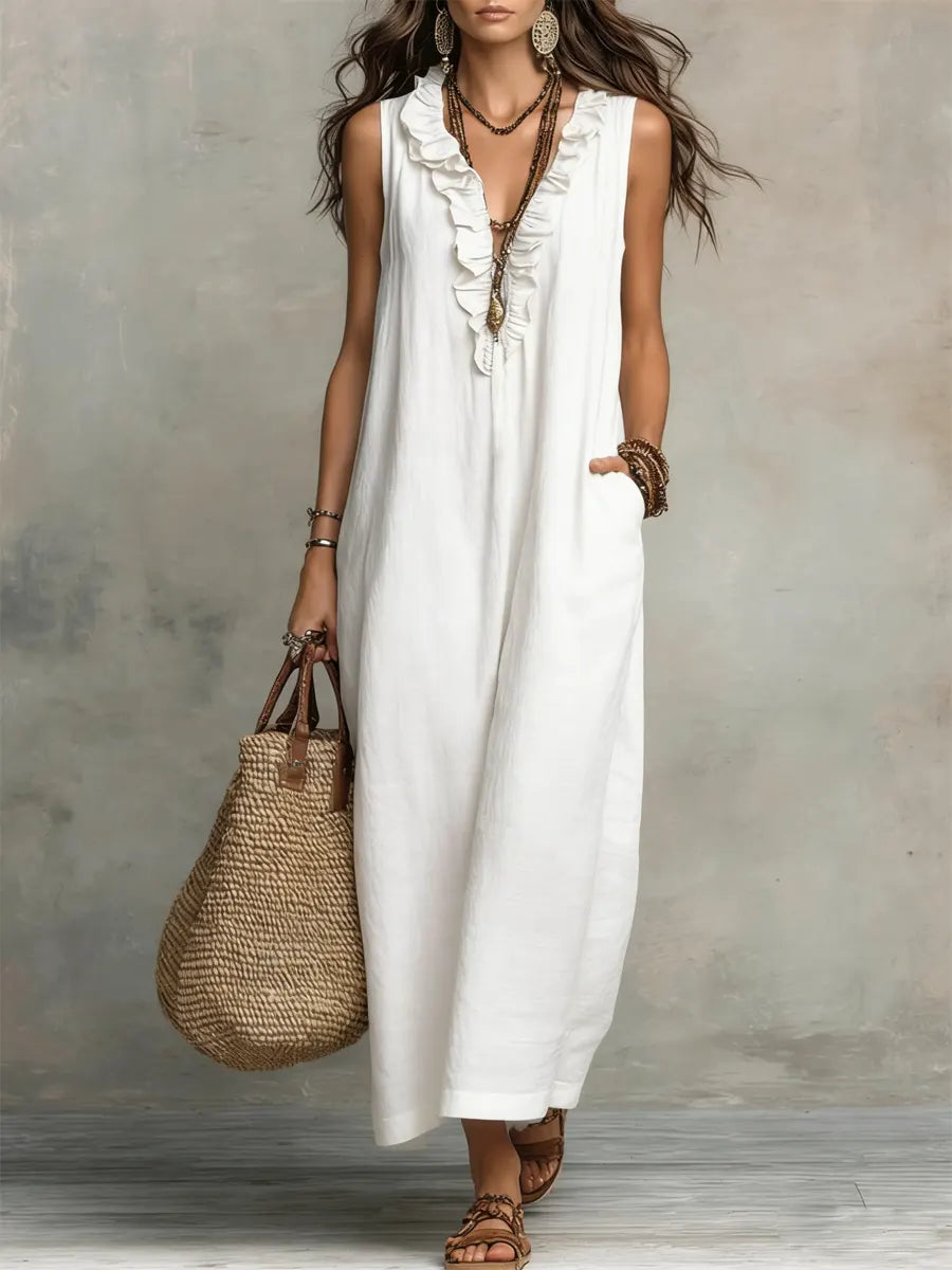 Solid V-Neck Ruffle-Trim Maxi Dress