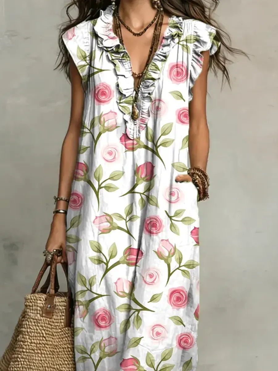 Floral Print V-Neck Ruffle-Trim Maxi Dress