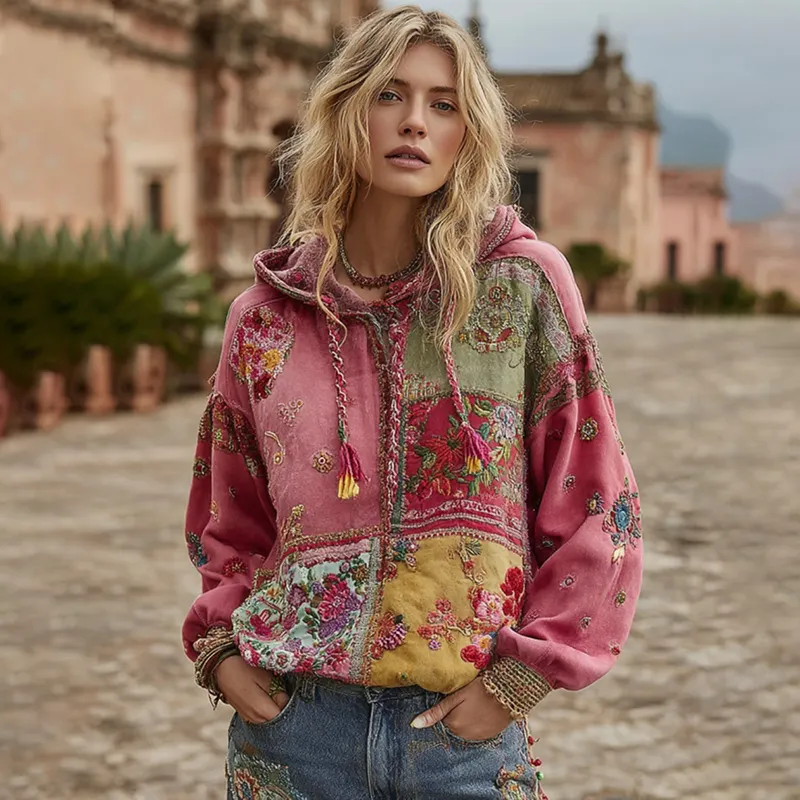 Women's Bohemian Floral Embroidery Art And Patchwork Casual Hoodie