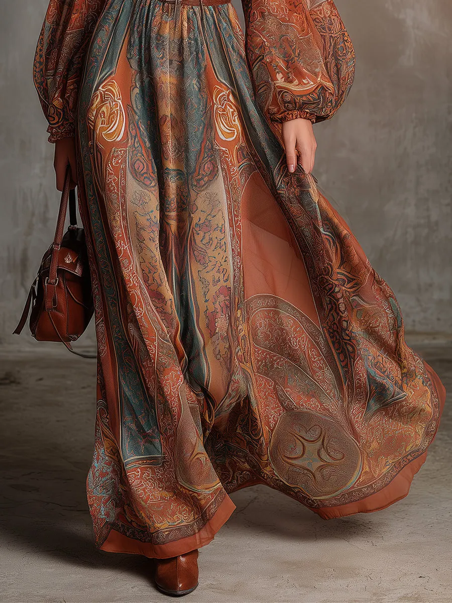Bohemian Ethnic Style Printed Keyhole Collar Maxi Dress