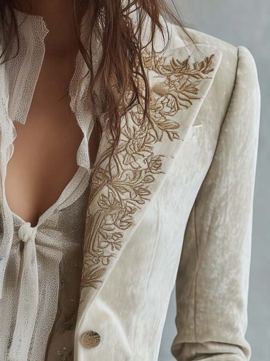 Ivory Velvet Embroidered Blazer With Lace Cuffs