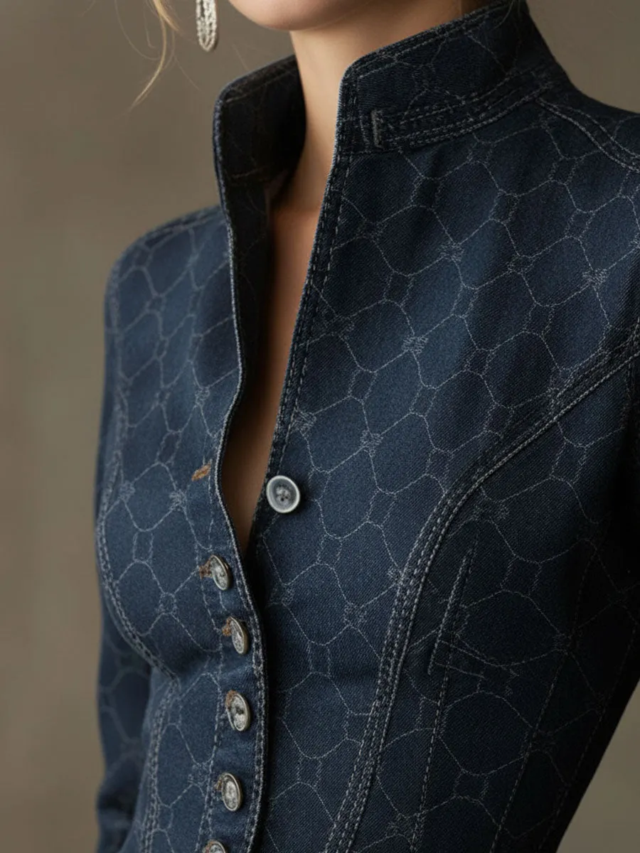 Fashionable Retro Geometric Print Navy Denim Jacket