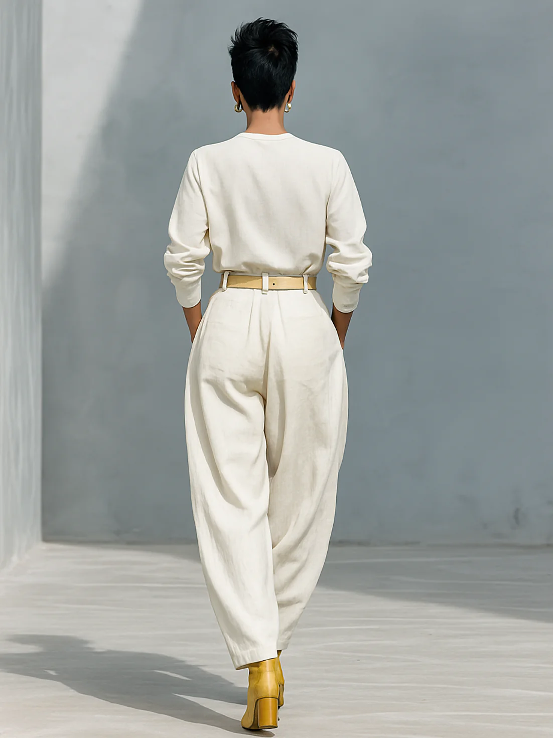 Off-white Crew Neck Long-sleeved Shirt And Loose-fitting Trousers Suit(with belt)