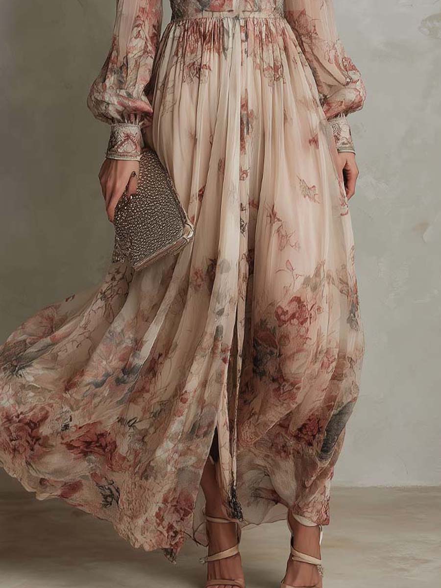 Vintage Floral Chiffon High-Neck Maxi Dress
