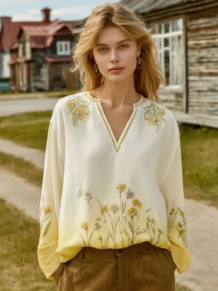 Women's Bohemian Floral V-neck Long-sleeved T-shirt
