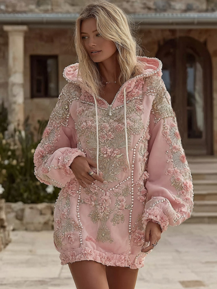 Women's Vintage Floral Embroidery Art Long Sleeve Hooded Mini Dress