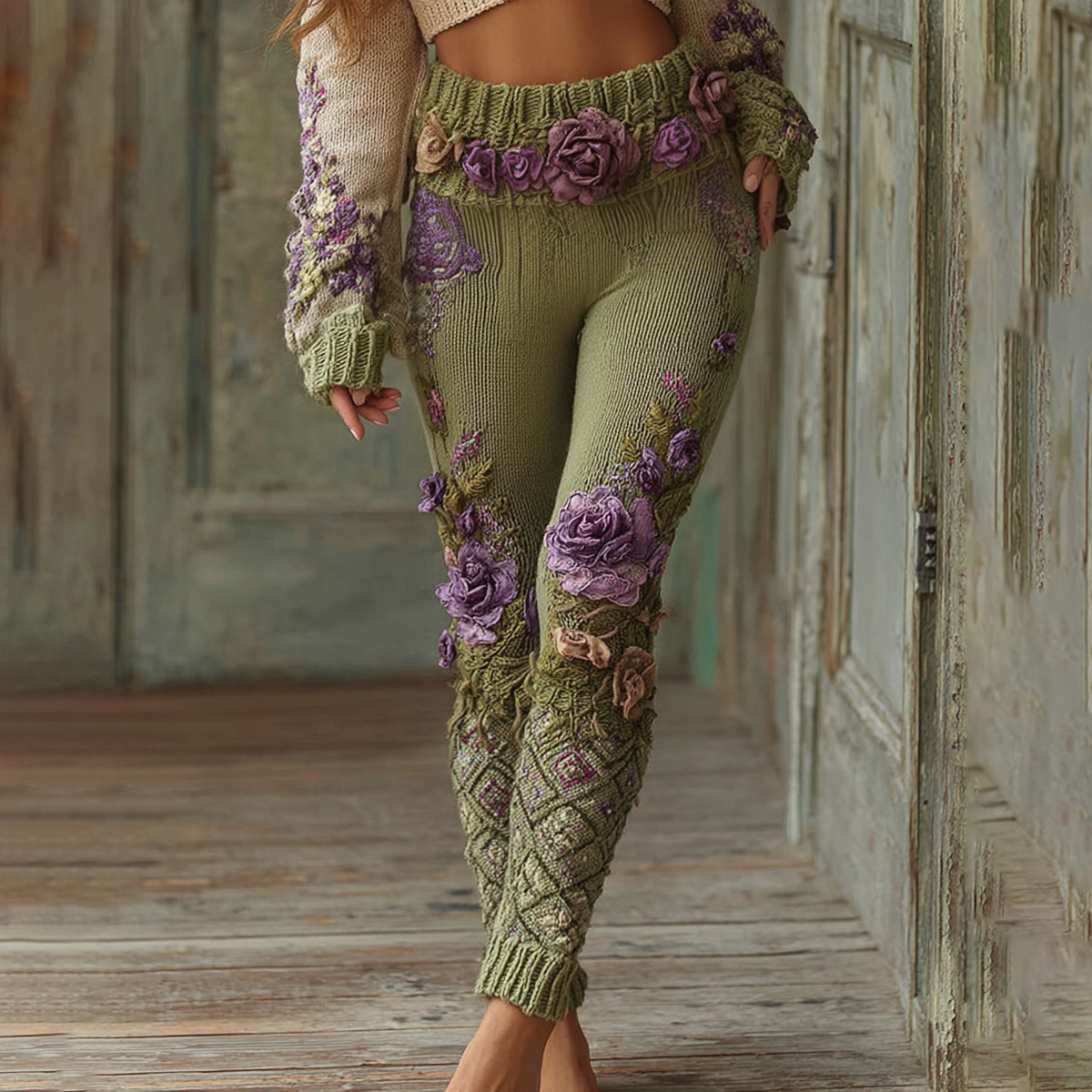 Lassy Gradient Purple Lavender And Floral Art Cozy Knit Leggings