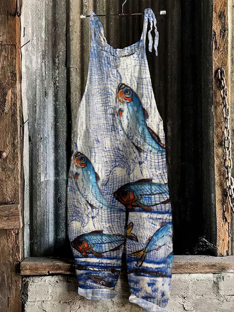 Retro Sardinas Forever Art Print Linen Loose Casual Jumpsuit
