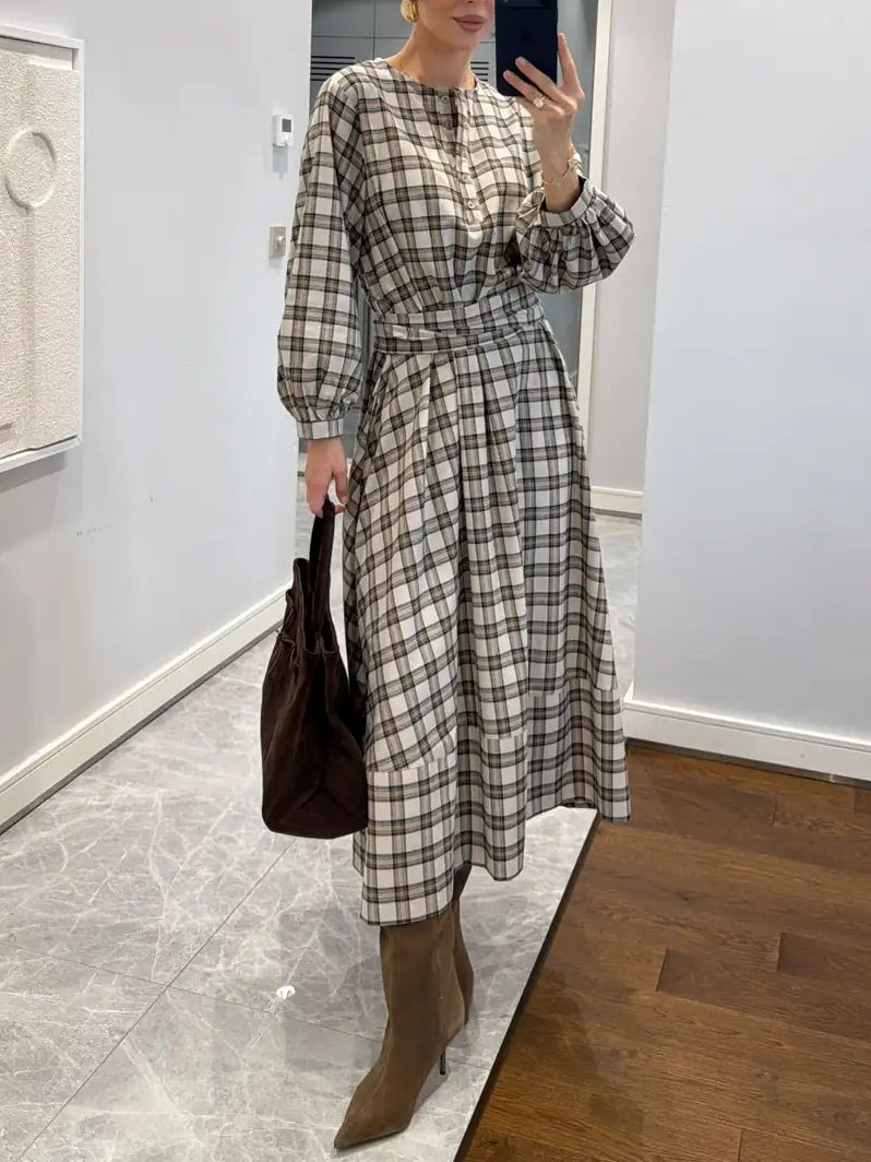 Plaid Patterned Belted Midi Dress