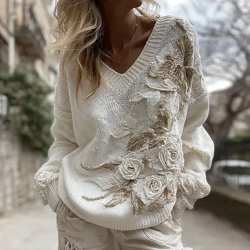 Women's White Rose Knitted Warm V-neck Sweater
