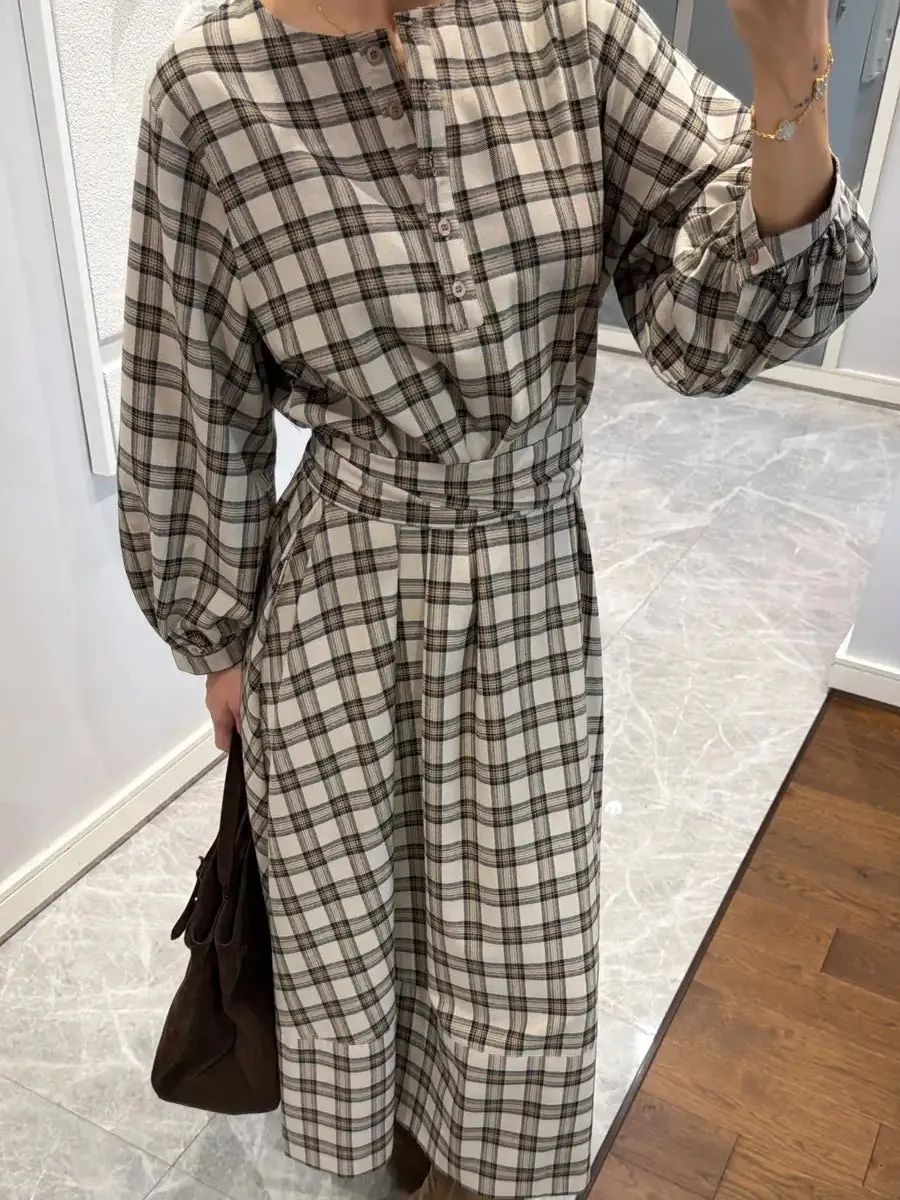 Plaid Patterned Belted Midi Dress