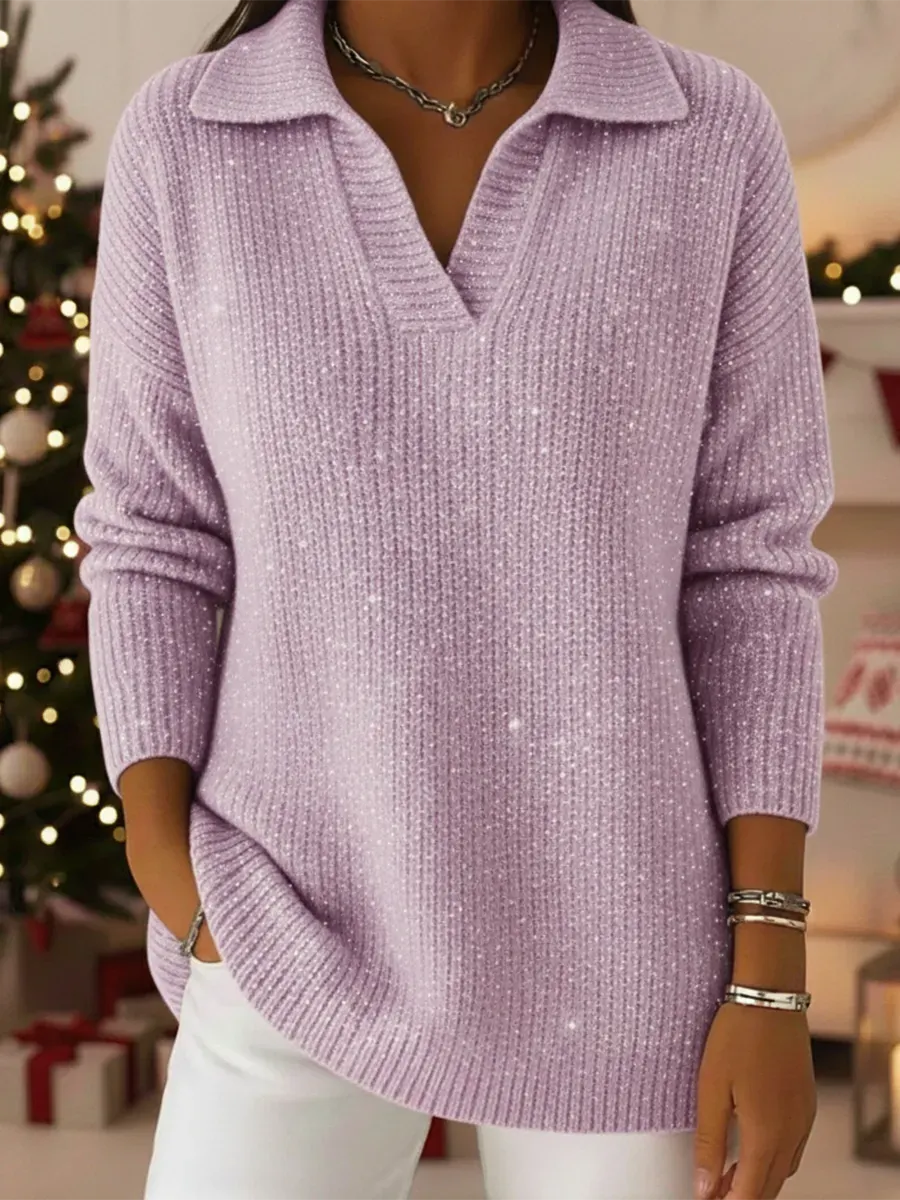 Christmas Party Polo Collar Shiny Loose Sweater Top