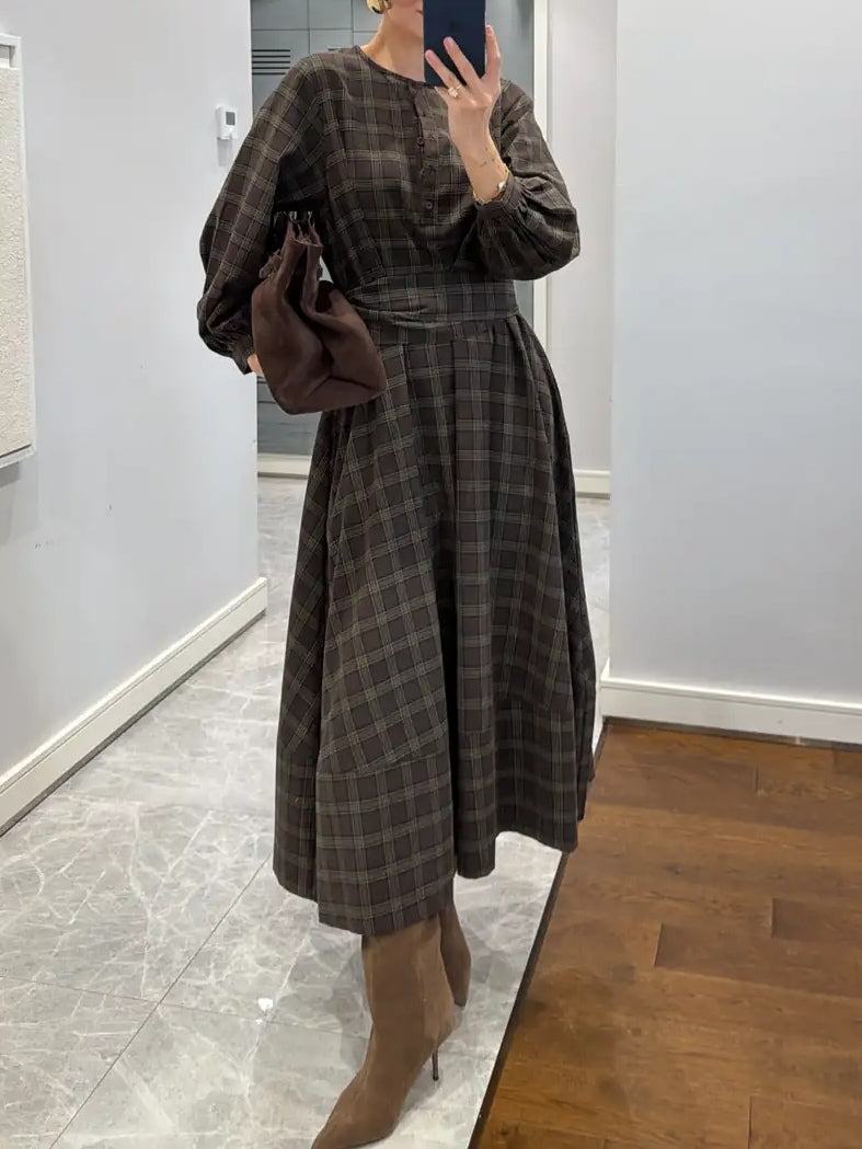 Plaid Patterned Belted Midi Dress
