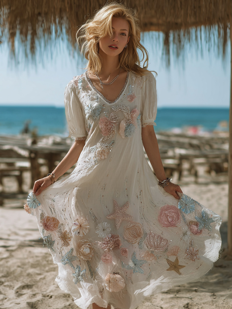 Women's Bohemian Oceanic Jellyfish And Starfish Comfortable V-neck Dress