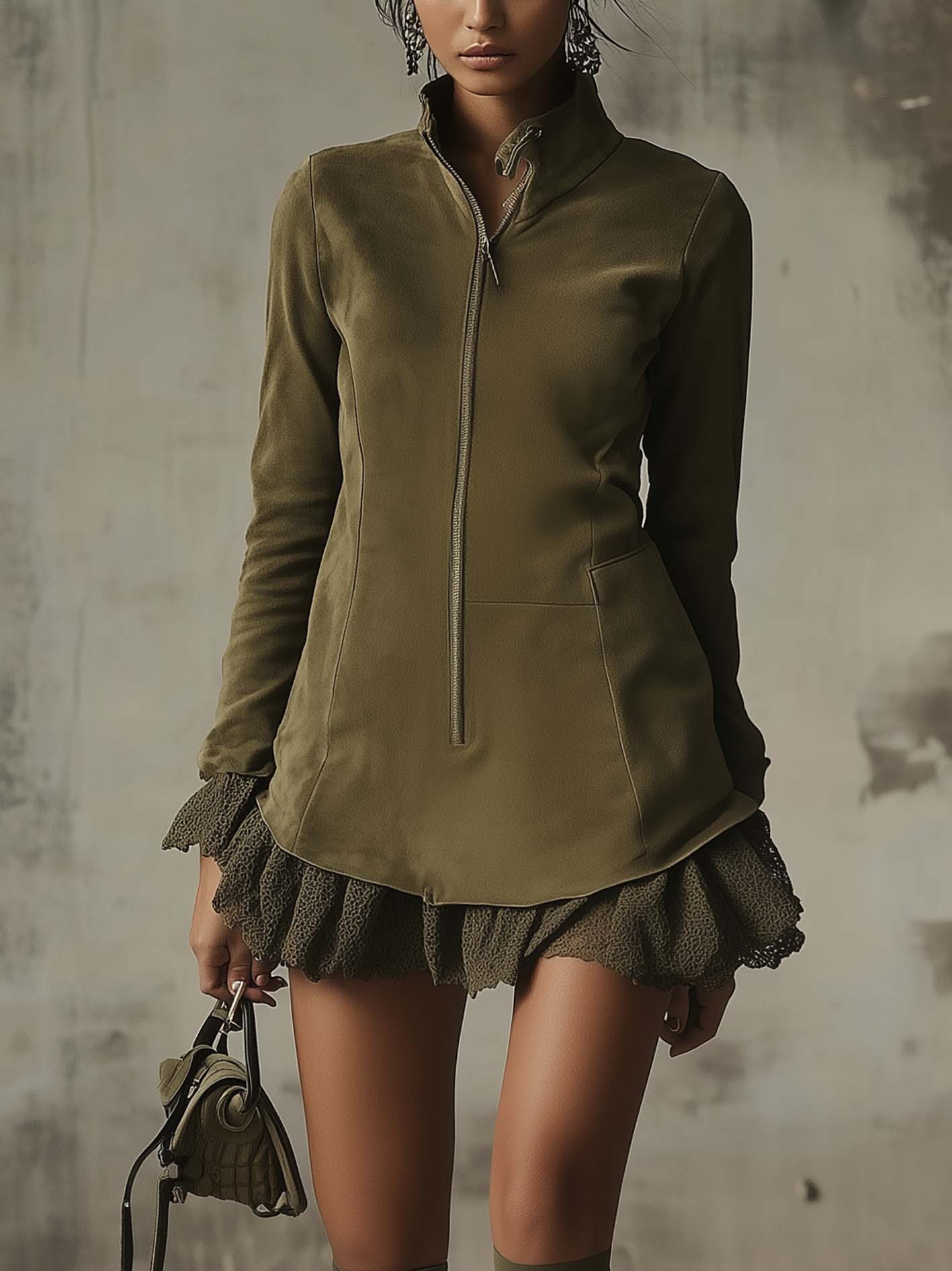 Olive Green Faux Suede Mini Dress With Zipper And Lace