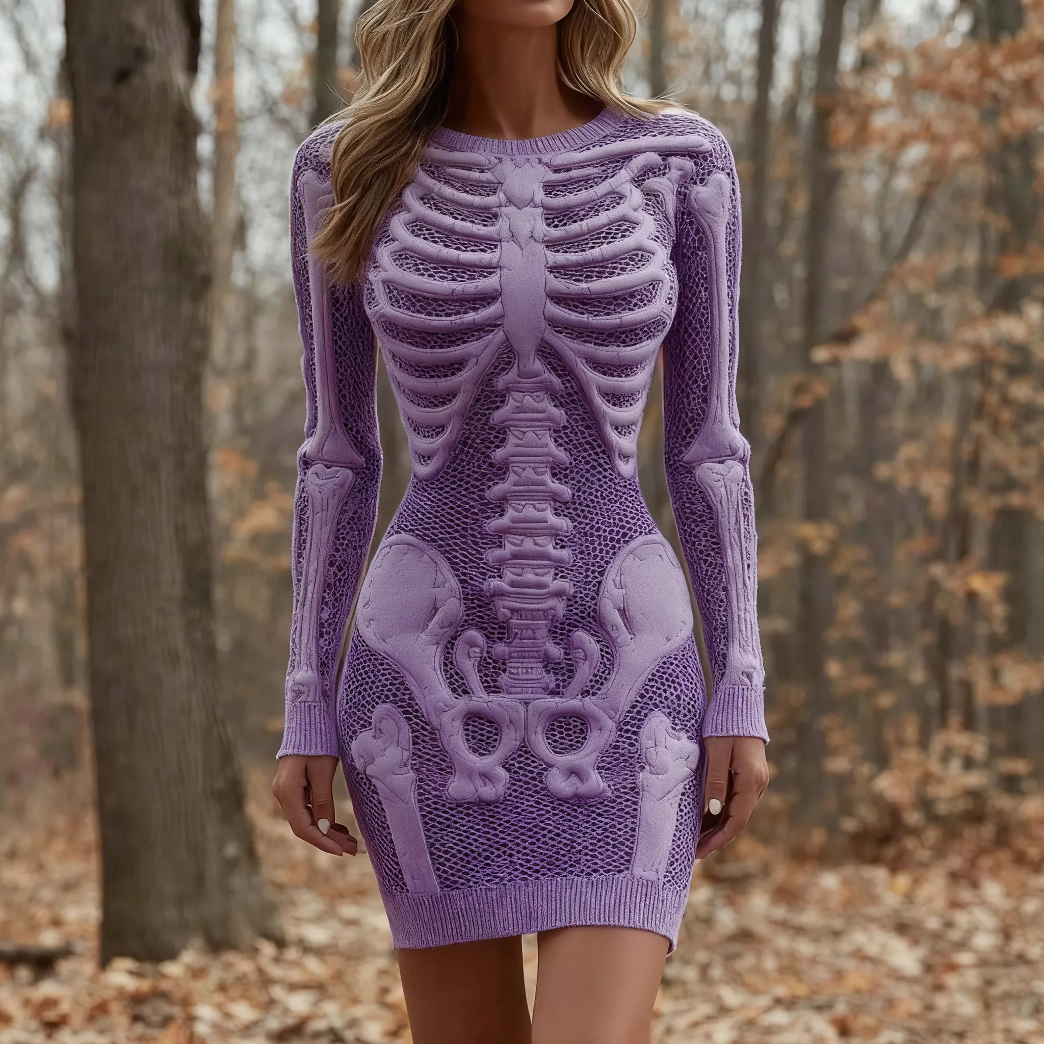 Women's Vintage Halloween Skeleton Bones Comfortable Elegant Sweater Dress