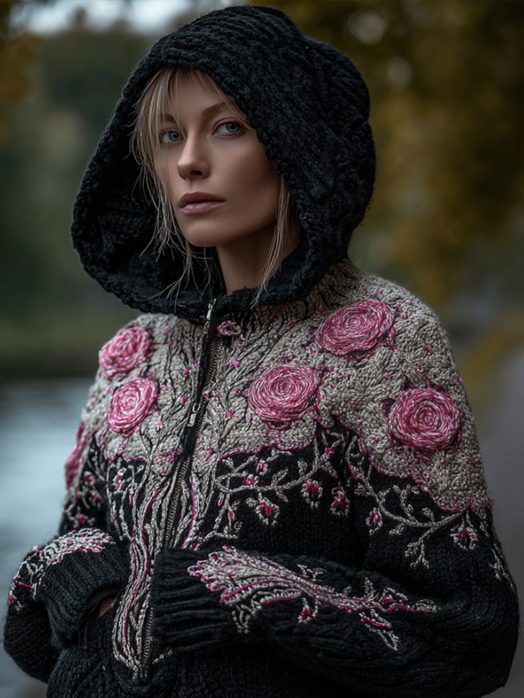 Women's Viking Style Tree Of Life And Flower Hooded Cardigan Sweater