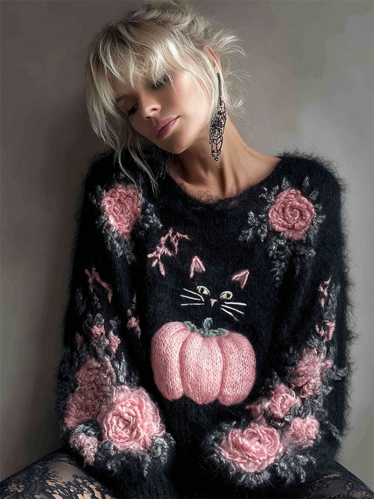 Black Cat & Pink Pumpkin Floral Embroidered Fuzzy Cozy Sweater