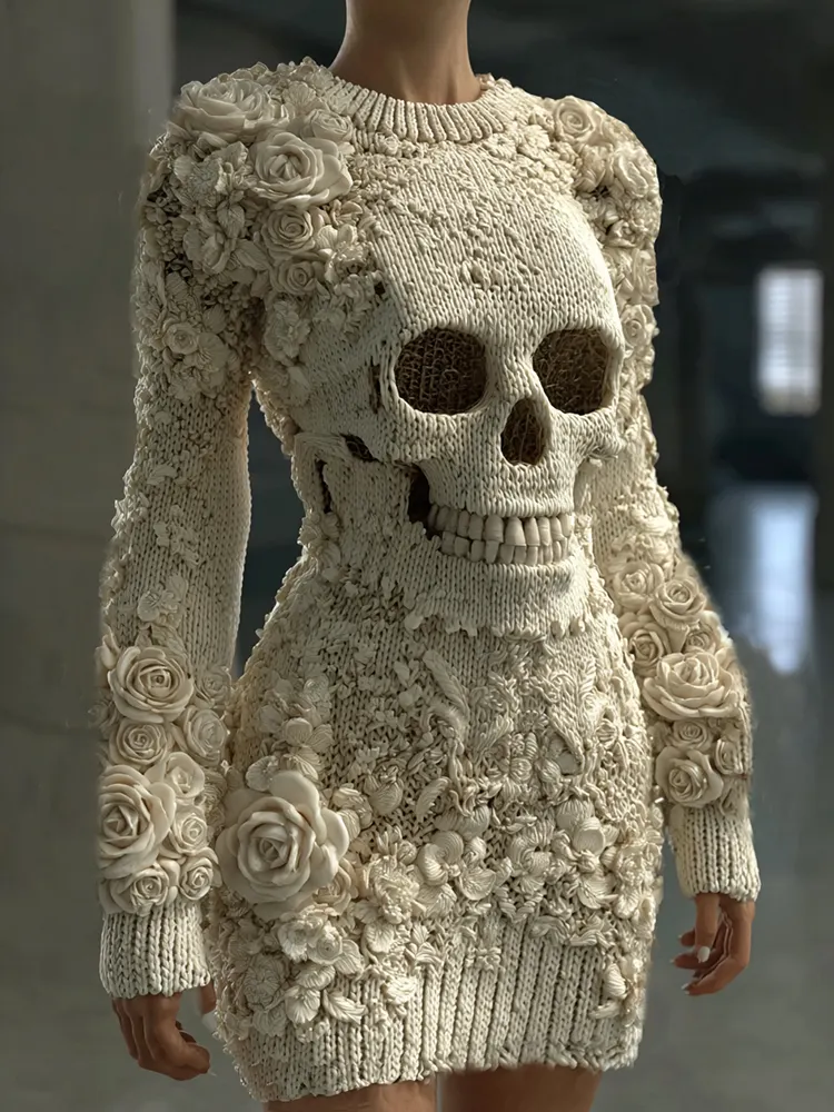Women's Hot Sexy Style Halloween Skeleton Bones Leather With Rose Pattern Art Cozy Knit Mini Sweater Dress