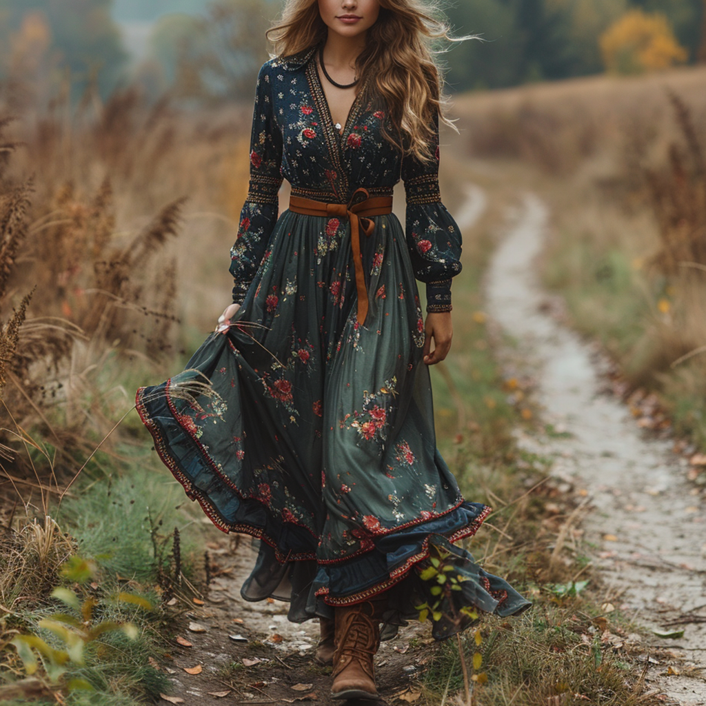 Elegant Bohemian Pastoral Style Maxi Dress