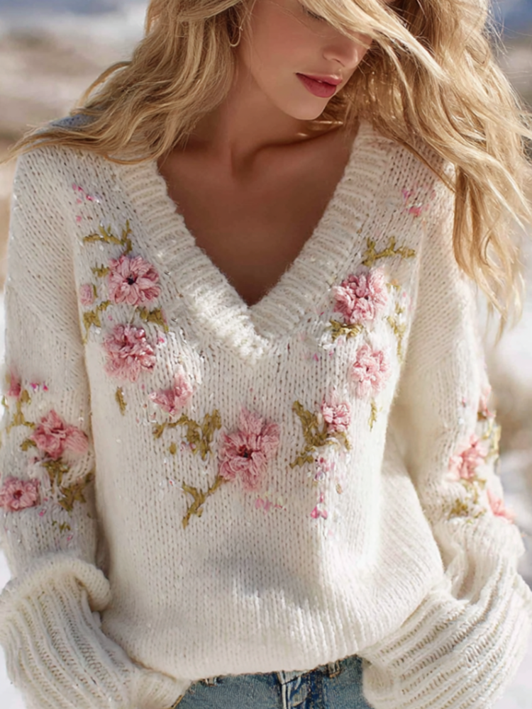 Bohemian Style Floral Embroidery Women's V-neck Knitted Sweater
