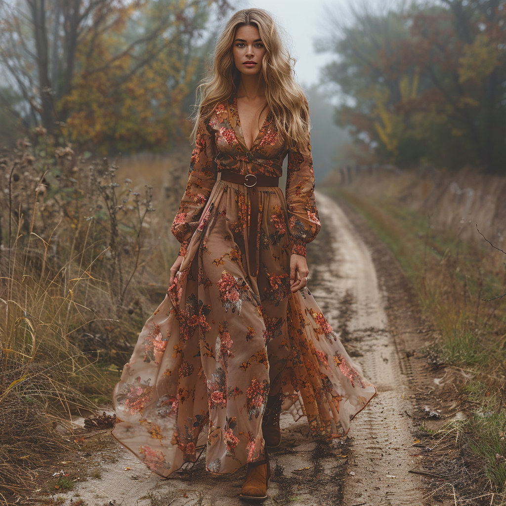 Vintage Country Pastoral Linen Style Long-sleeve Maxi Dress