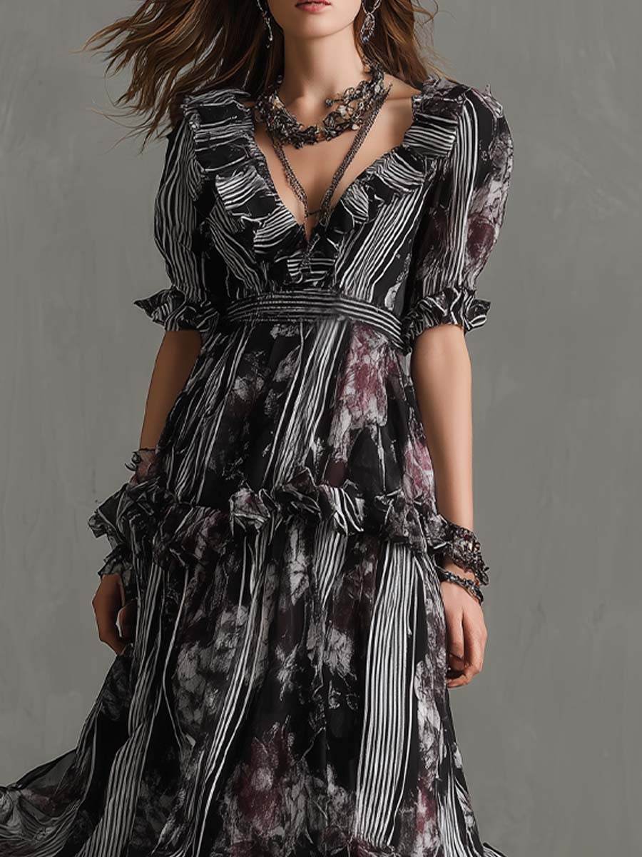 Dark Floral Pinstripe Ruffle Maxi Dress