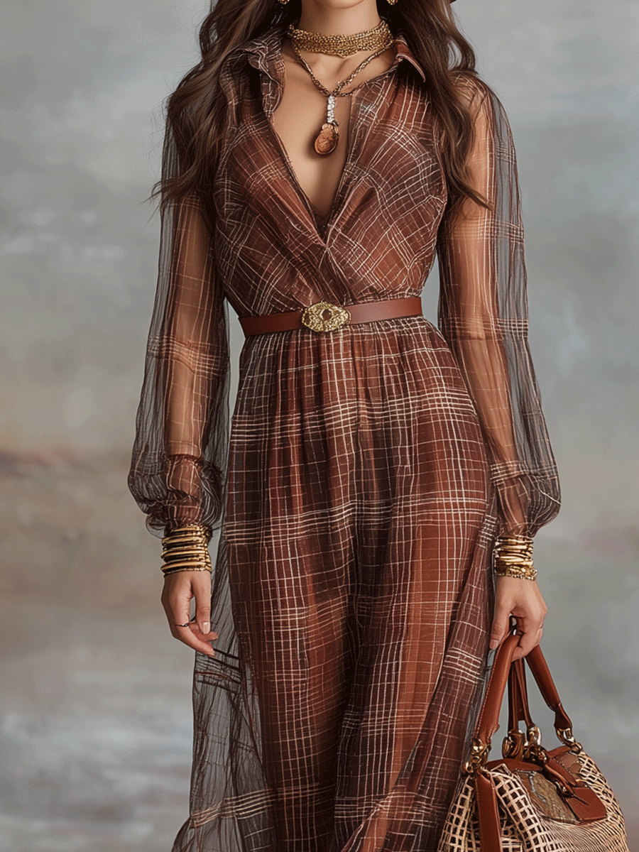 Bohemian Plaid Print Chiffon Maxi Dress