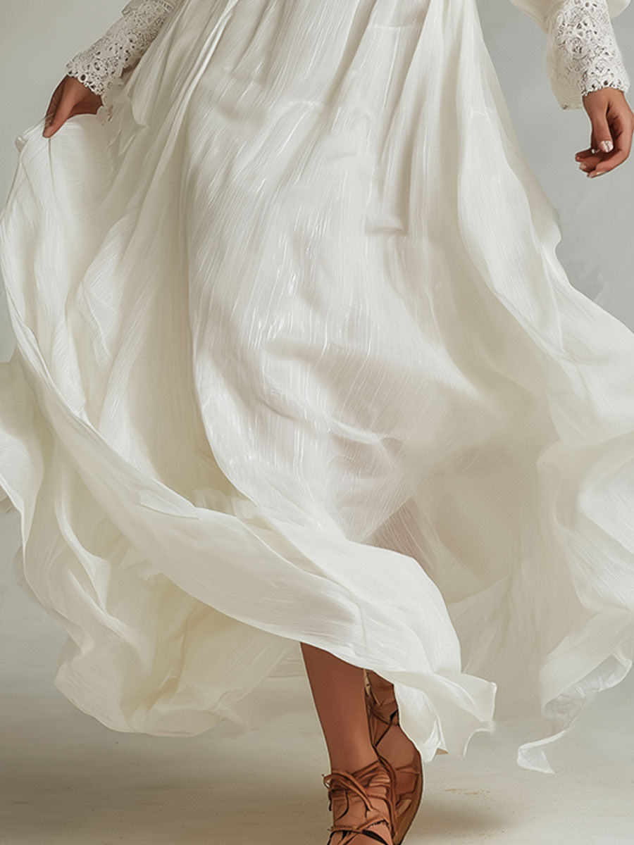 Elegant Shinny Chiffon Lace Splicing Maxi Dress