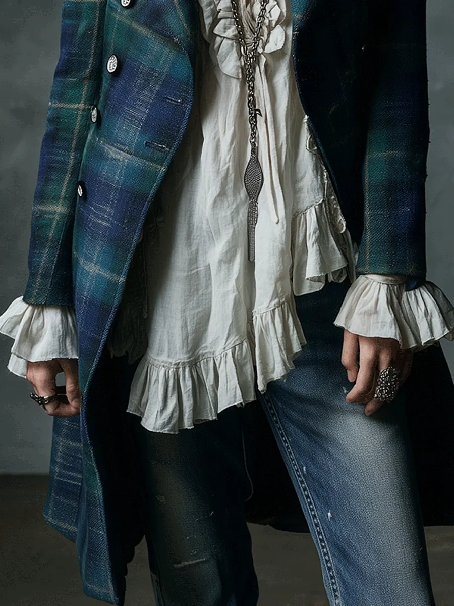 Vintage Tartan Wool-Blend Long Coat