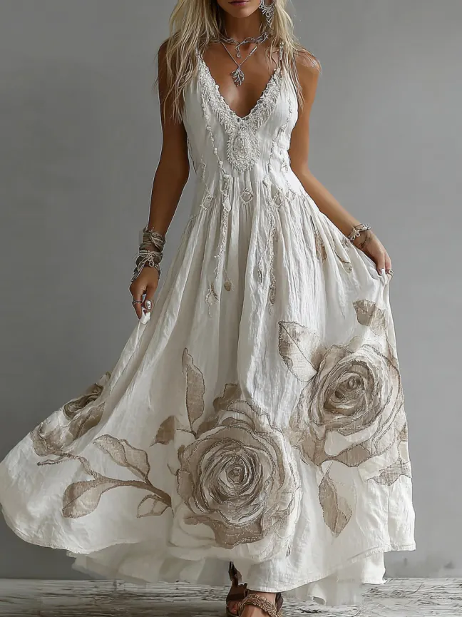 Women's Rose Embroidery Art V-neck Suspender Maxi Dress