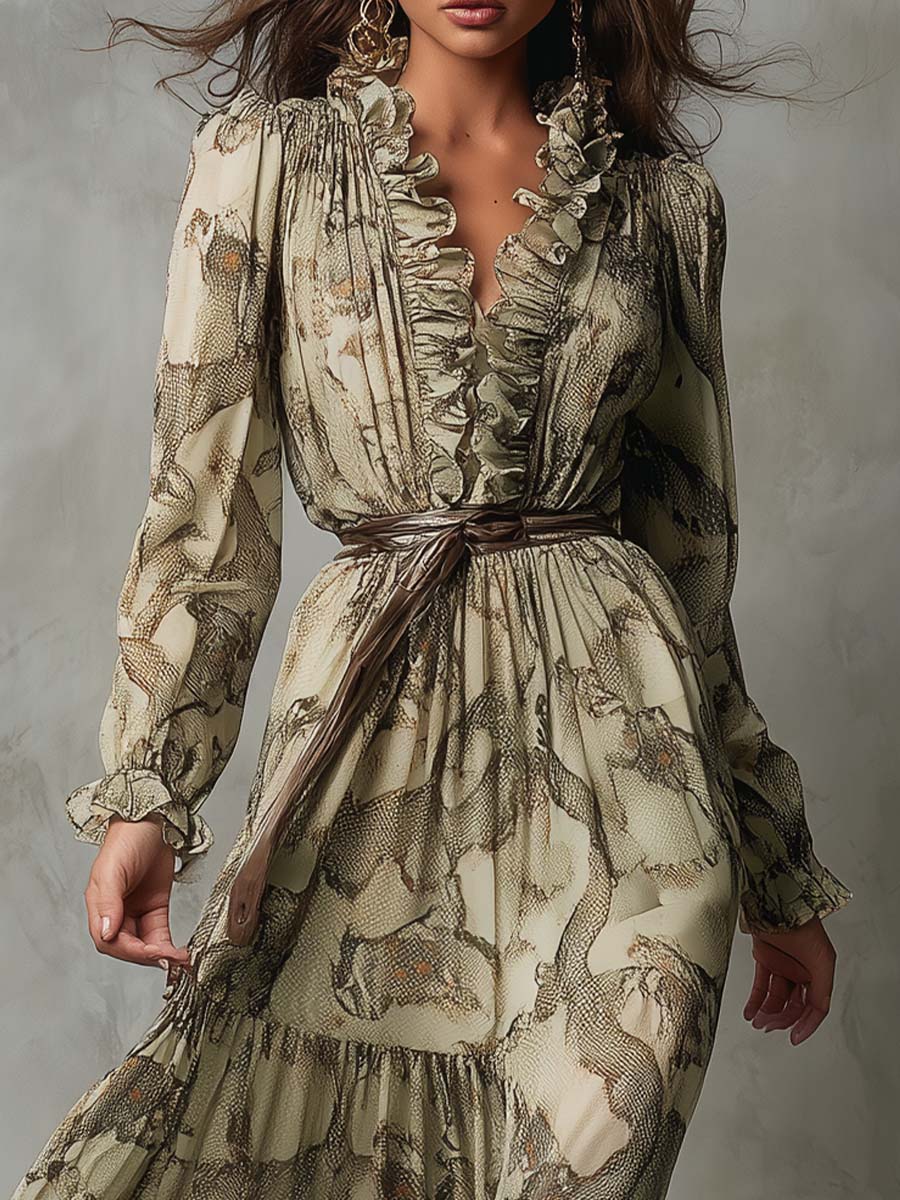 Ruffled V-Neck Chiffon Maxi Dress – Desert Python Print
