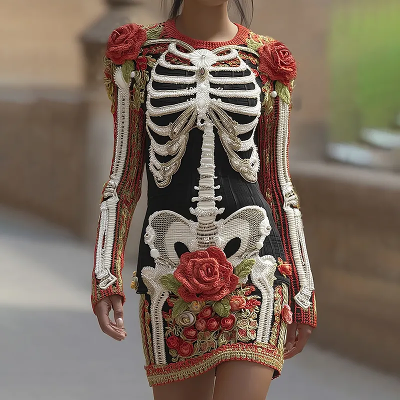 Women's Vintage Halloween Skeleton Bones With Rose Art Cozy Knit Mini Sweater Dress